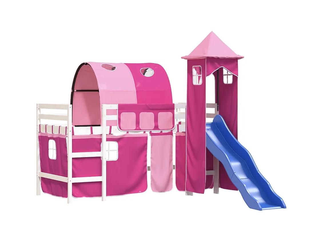 Lit mezzanine enfants avec tour rose 80x200 bois pin massif