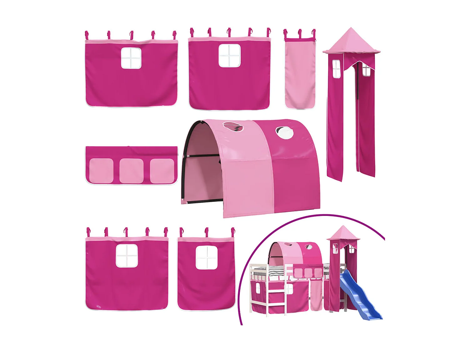 Lit mezzanine enfants avec tour rose 80x200 bois pin massif