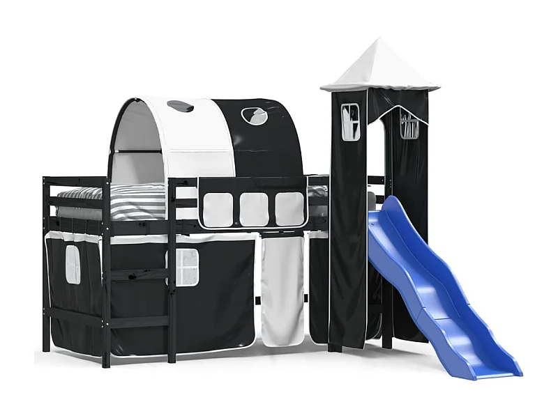 Lit mezzanine enfants avec tour blanc-noir 80x200 pin massif