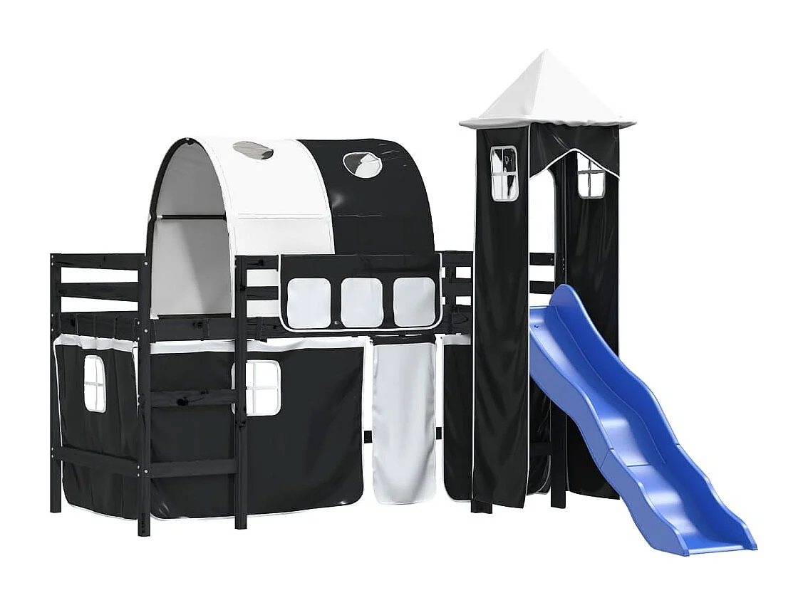 Lit mezzanine enfants avec tour blanc-noir 80x200 pin massif