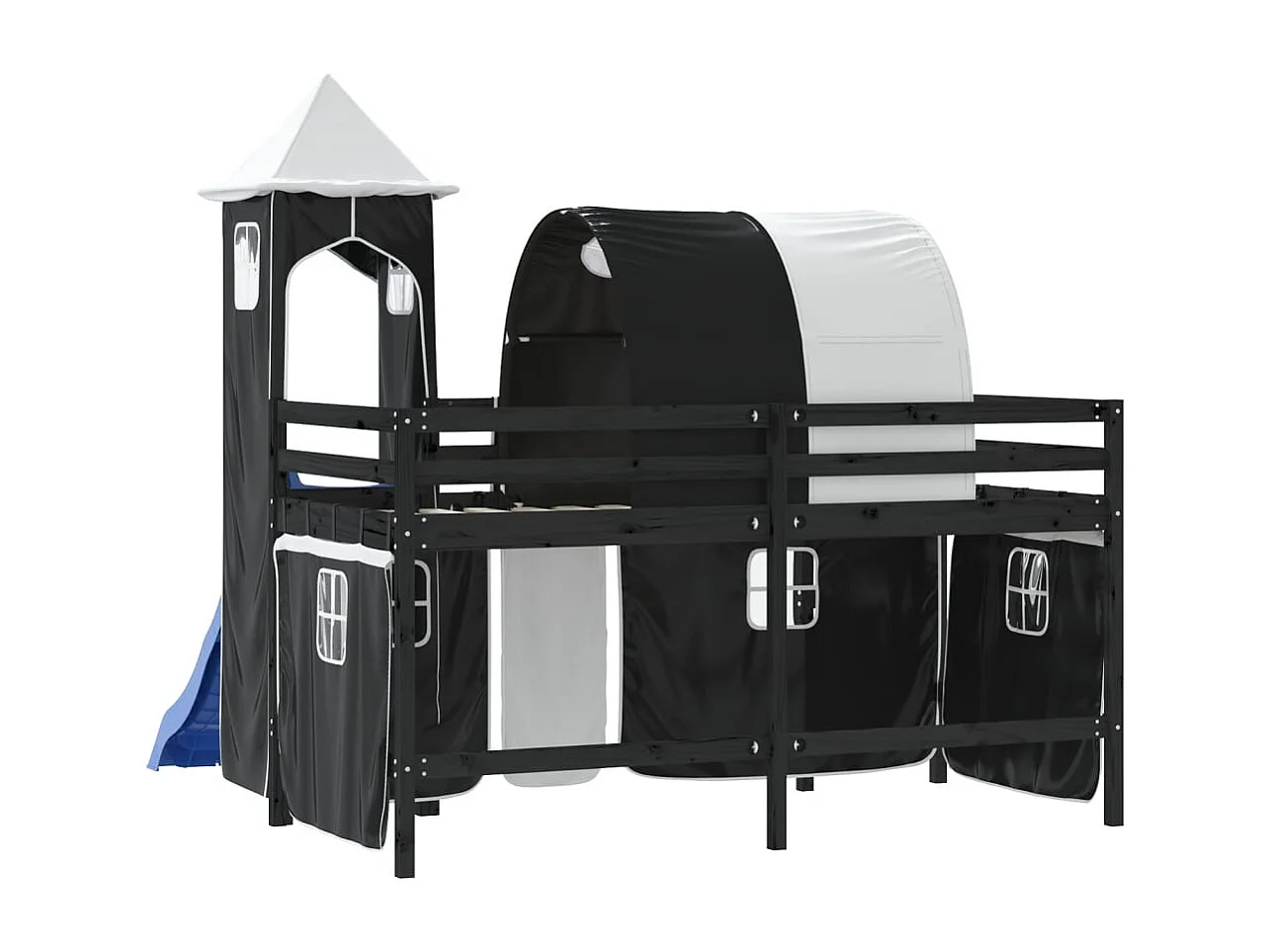 Lit mezzanine enfants avec tour blanc-noir 80x200 pin massif