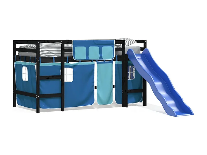 Lit mezzanine enfants et rideaux bleu 80x200 bois pin massif