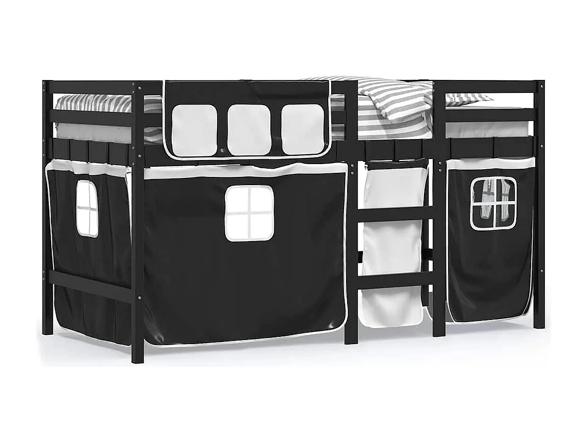 Cama alta criança c/ cortina 80x200cm pinho maciço branco/preto