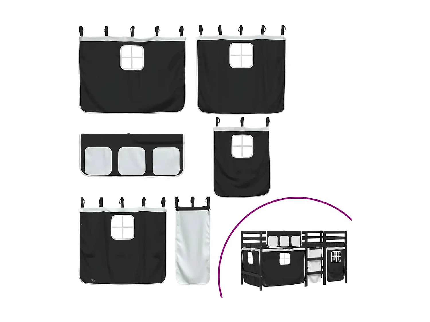 Cama alta criança c/ cortina 80x200cm pinho maciço branco/preto