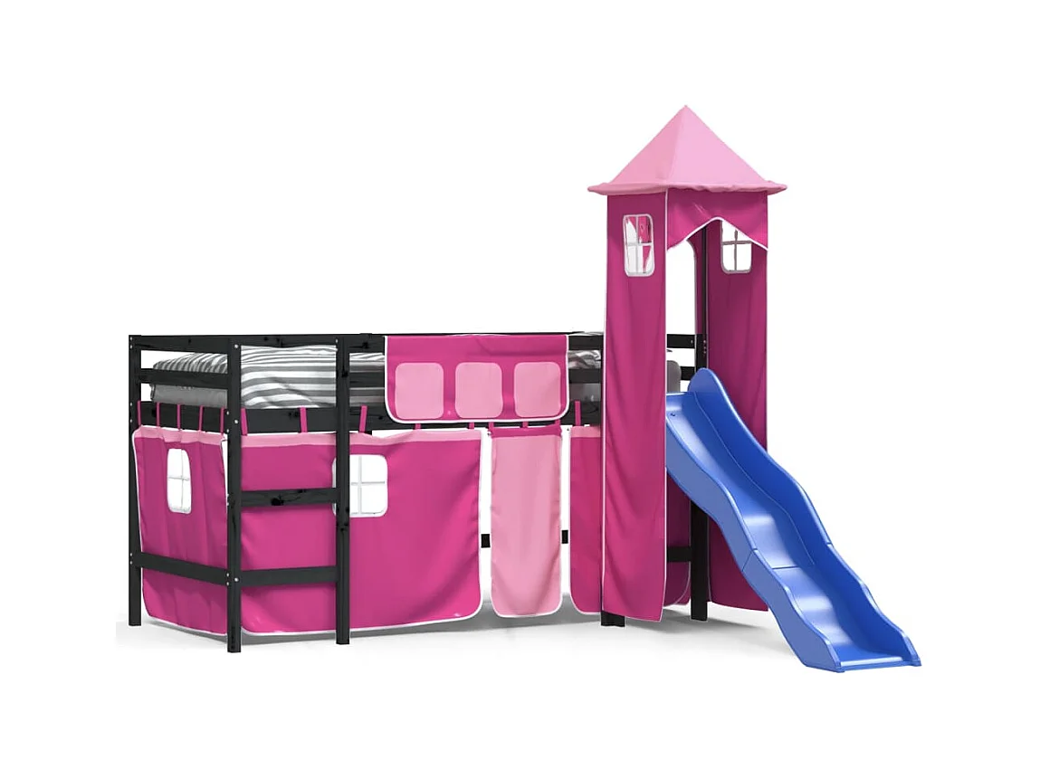Lit mezzanine enfants avec tour rose 80x200 bois pin massif