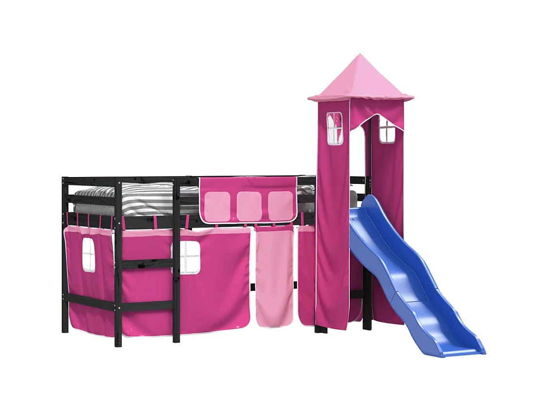 Lit mezzanine enfants avec tour rose 80x200 bois pin massif