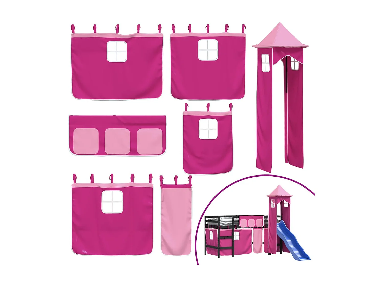 Lit mezzanine enfants avec tour rose 80x200 bois pin massif