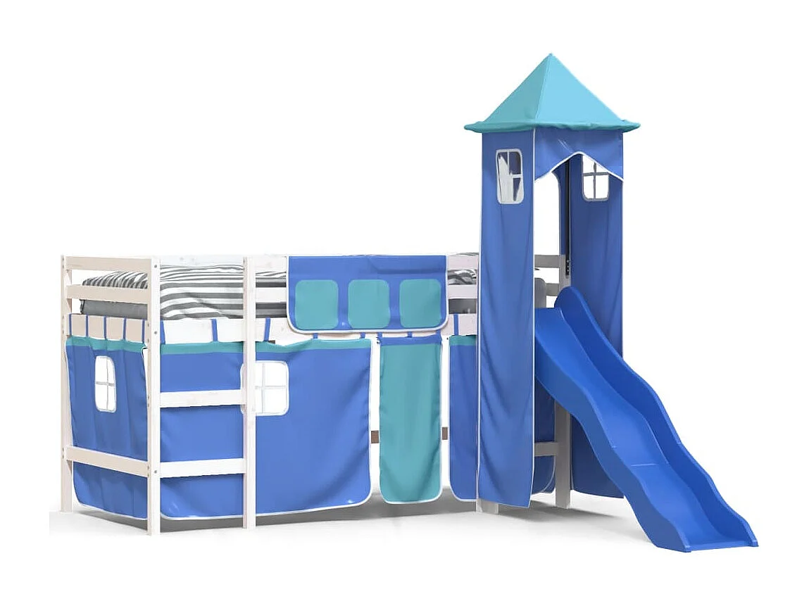 Lit mezzanine enfants avec tour bleu 80x200 bois pin massif