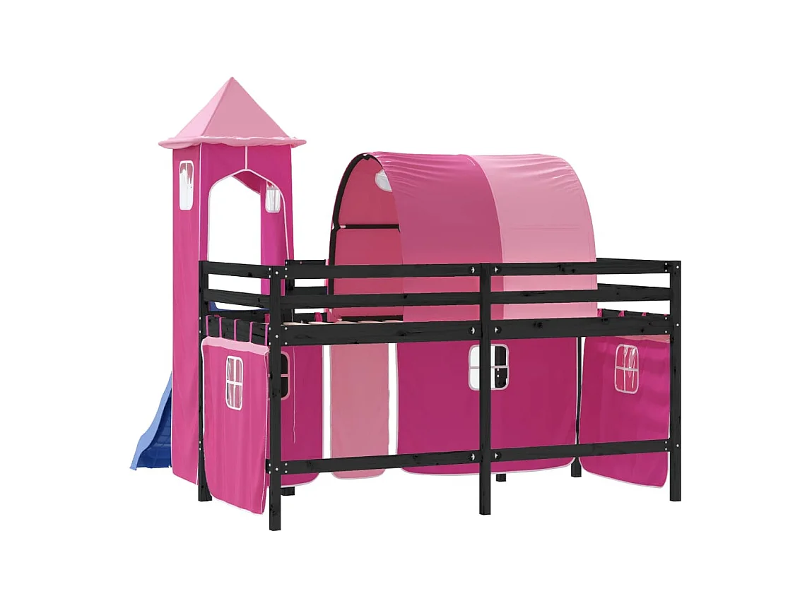 Lit mezzanine enfants avec tour rose 80x200 bois pin massif