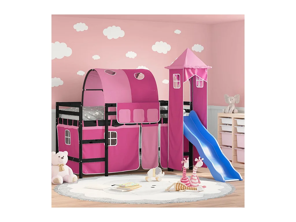 Lit mezzanine enfants avec tour rose 80x200 bois pin massif