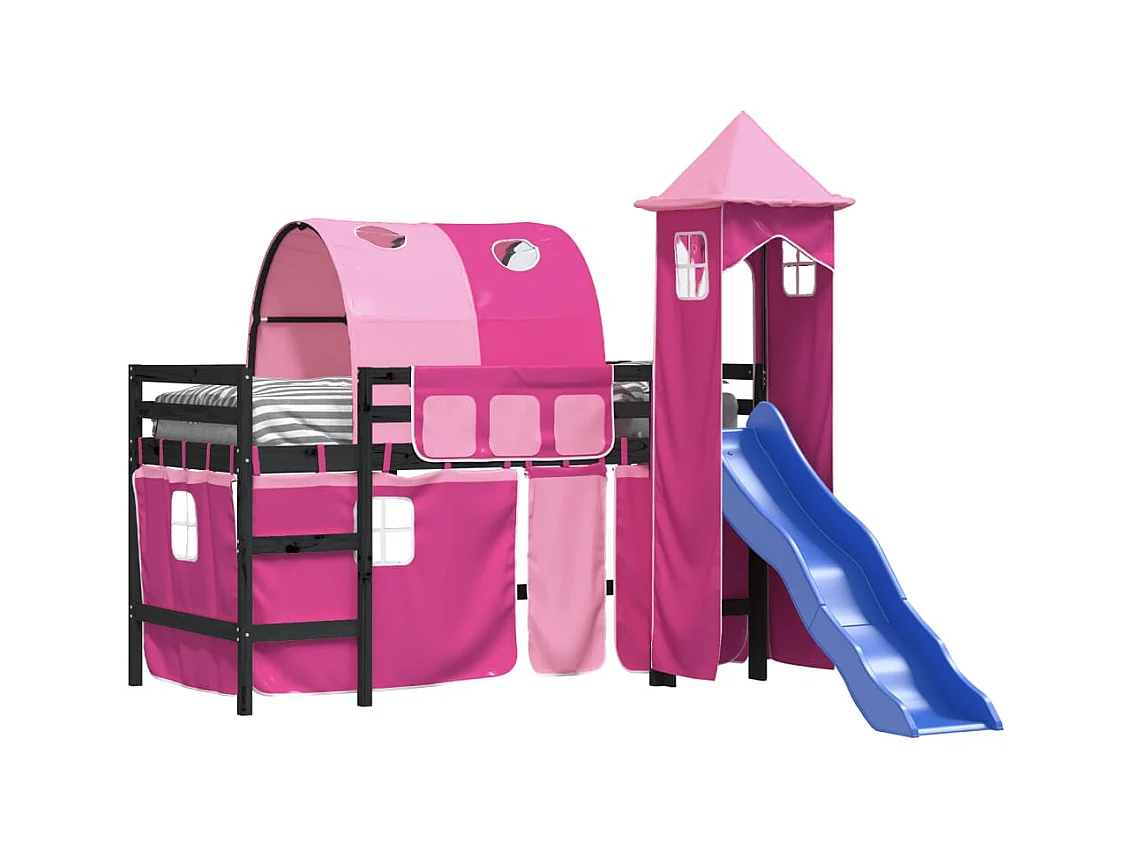 Lit mezzanine enfants avec tour rose 80x200 bois pin massif