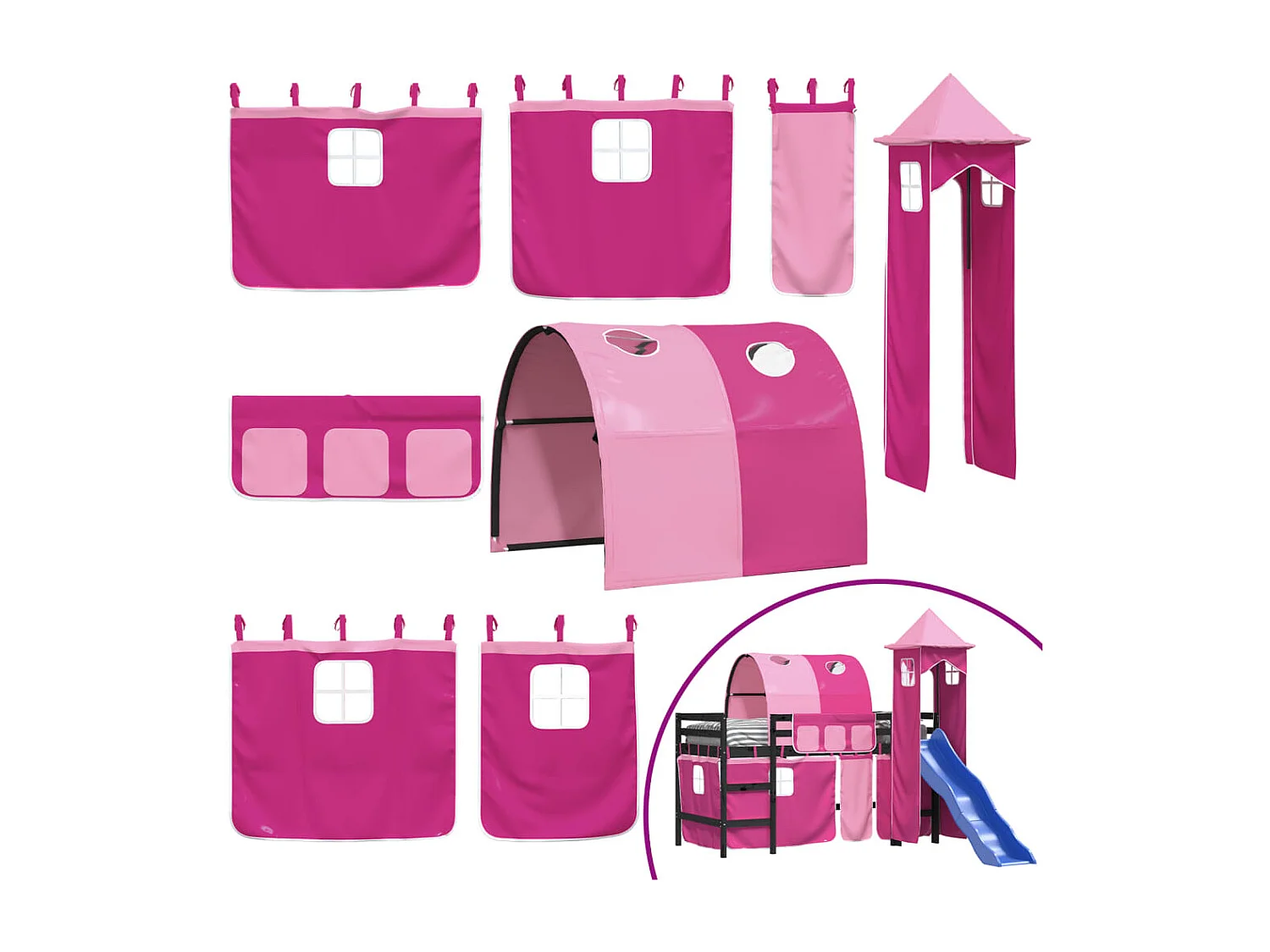 Lit mezzanine enfants avec tour rose 80x200 bois pin massif