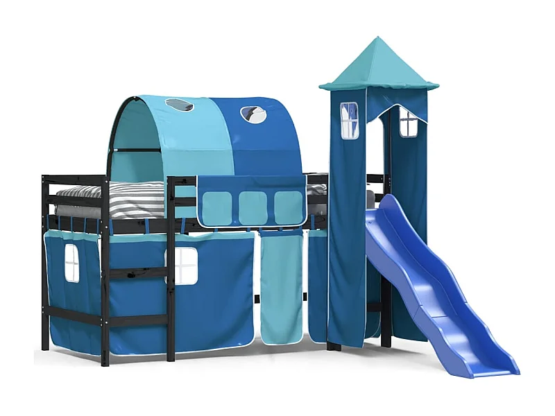 Lit mezzanine enfants avec tour bleu 80x200 bois pin massif