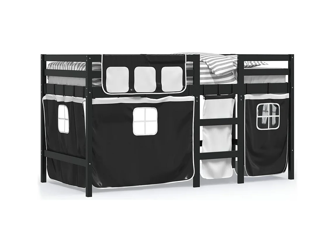 Kinderhochbett mit Vorhängen Weiß Schwarz 90x200 cm Kiefernholz