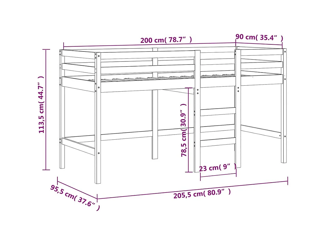 Kinderhochbett mit Vorhängen Weiß Schwarz 90x200 cm Kiefernholz