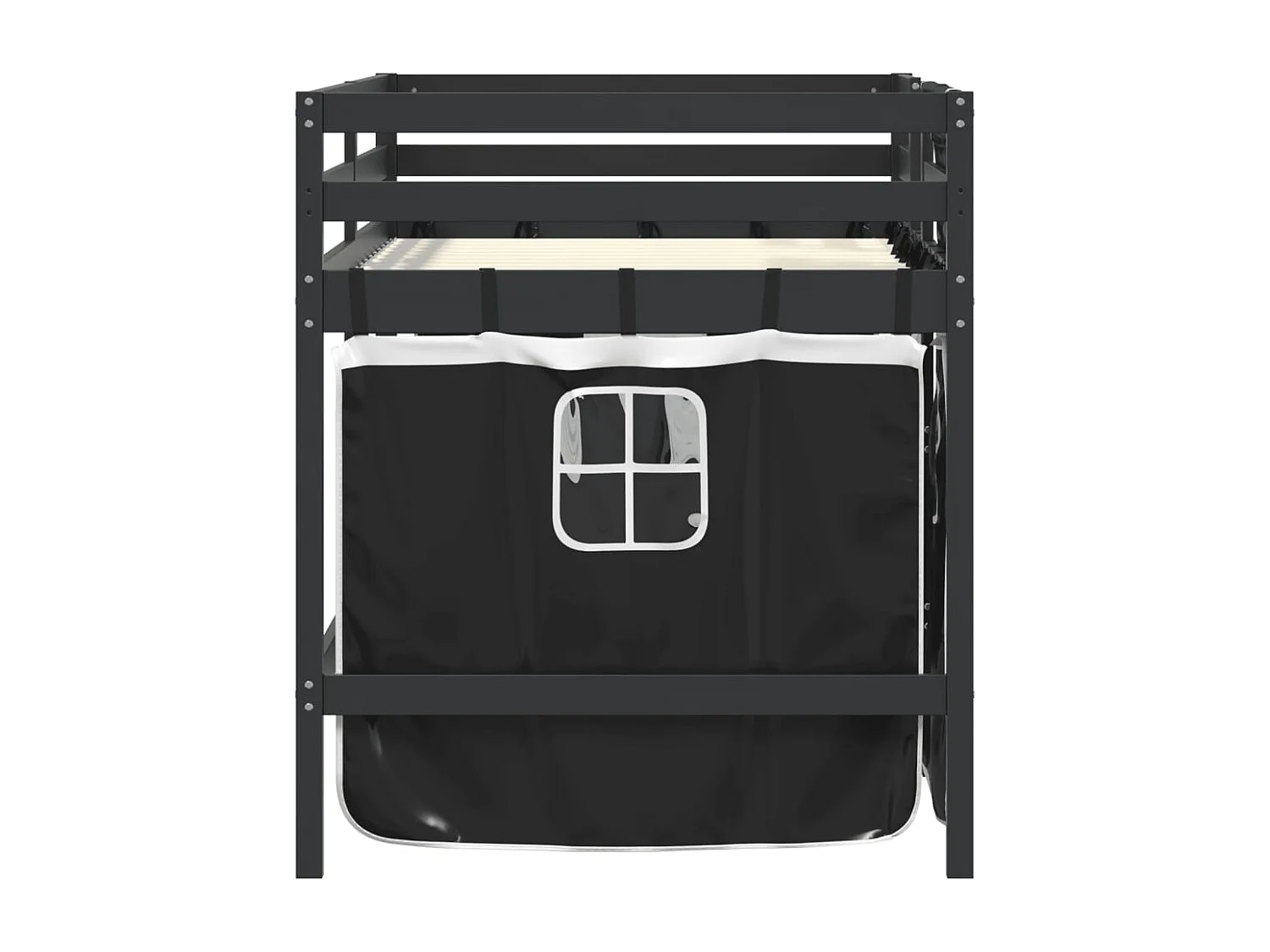 Kinderhochbett mit Vorhängen Weiß Schwarz 90x200 cm Kiefernholz