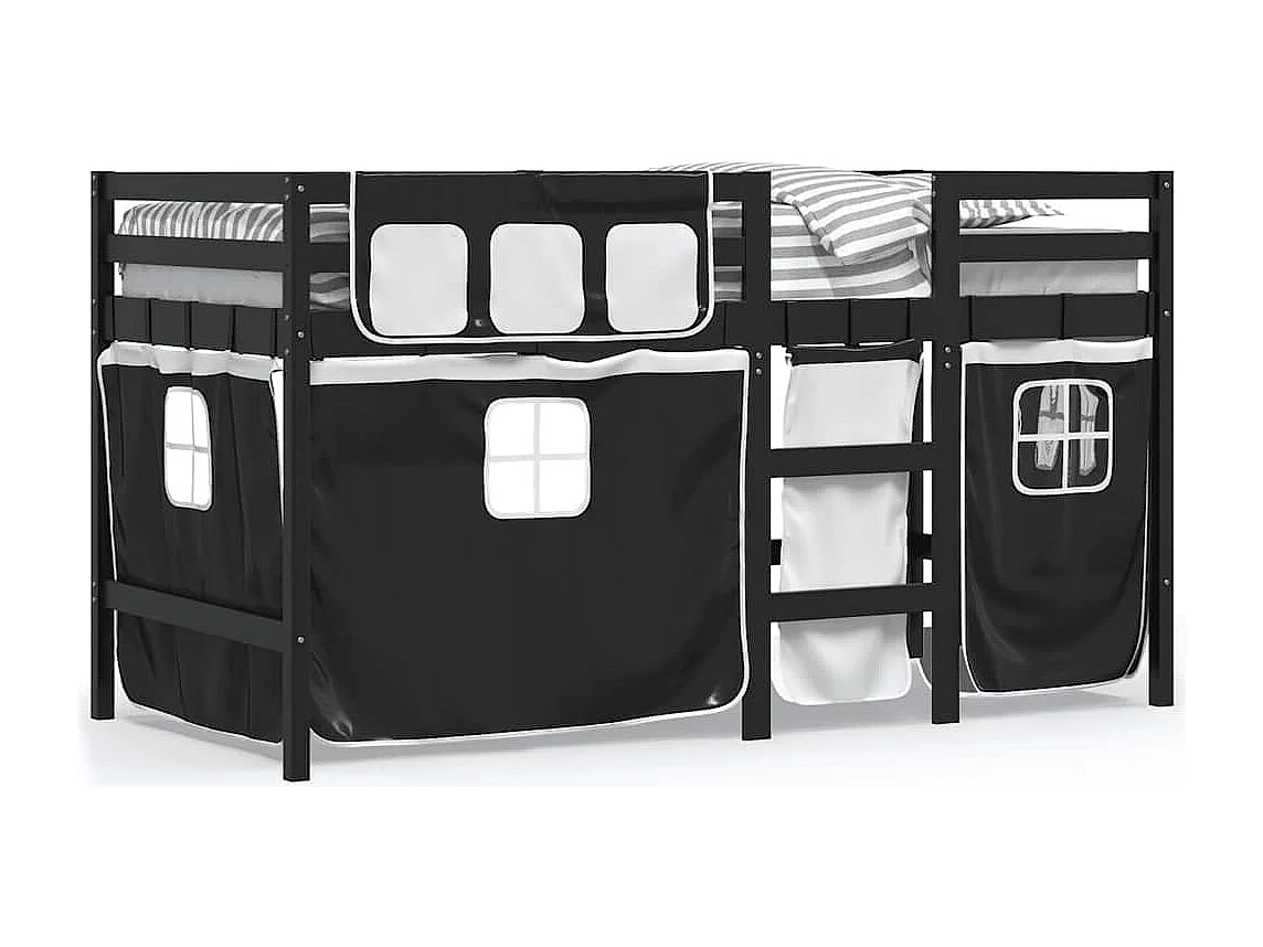 Cama alta criança c/ cortina 90x200cm pinho maciço branco/preto