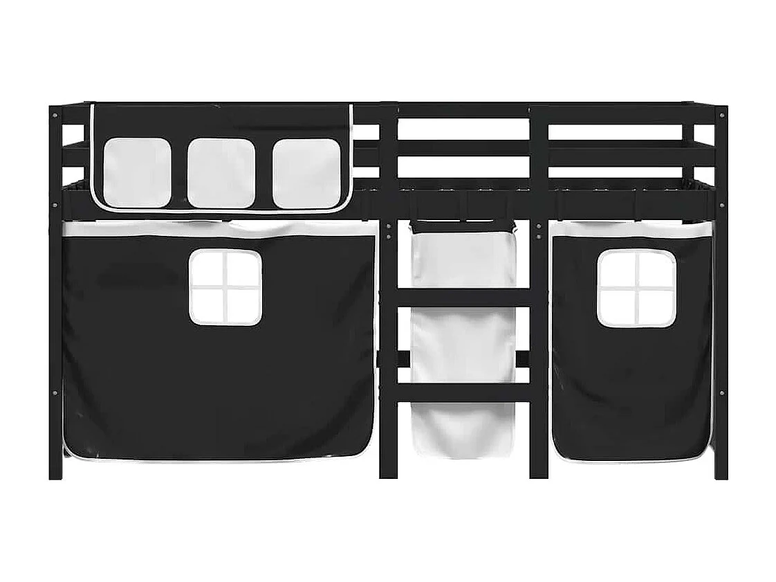 Cama alta criança c/ cortina 90x200cm pinho maciço branco/preto