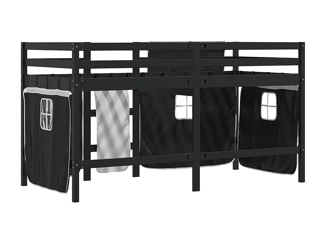 Cama alta criança c/ cortina 90x200cm pinho maciço branco/preto