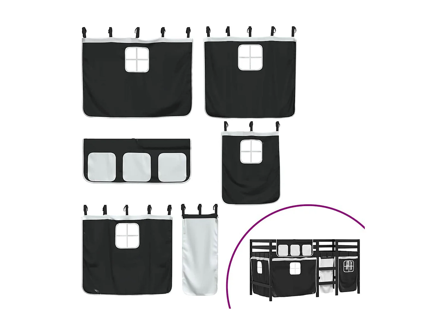 Cama alta criança c/ cortina 90x200cm pinho maciço branco/preto