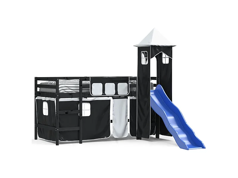 Lit mezzanine enfants avec tour blanc-noir 80x200 pin massif