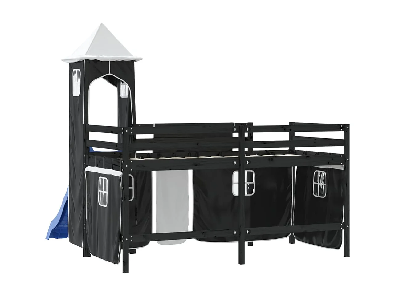 Lit mezzanine enfants avec tour blanc-noir 80x200 pin massif