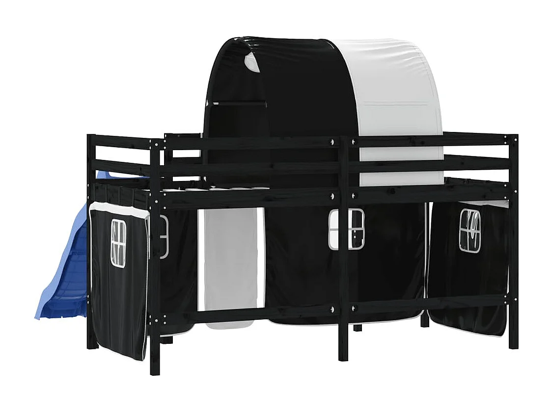 Lit mezzanine enfants et tunnel blanc-noir 80x200 pin massif