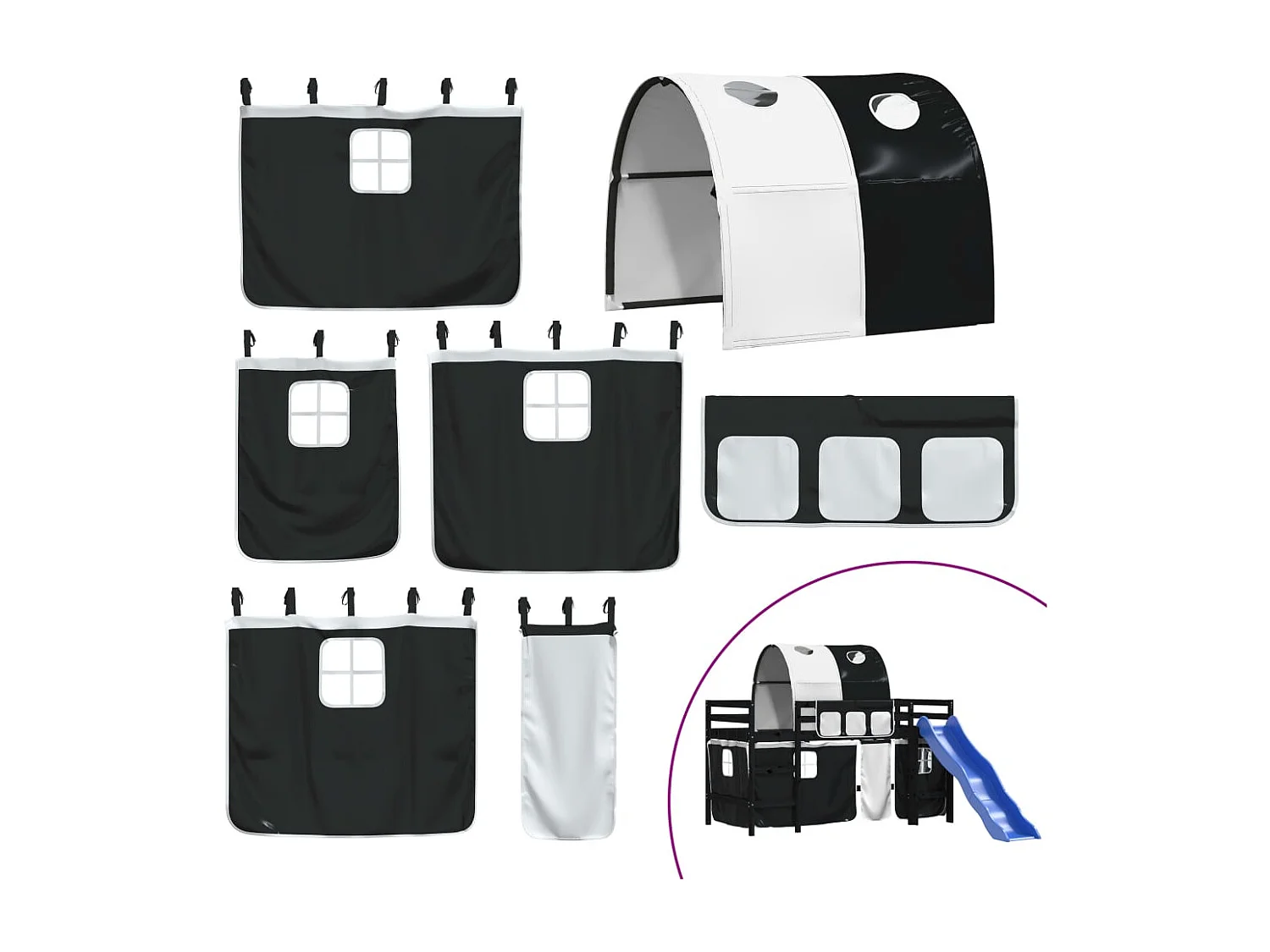 Lit mezzanine enfants et tunnel blanc-noir 80x200 pin massif