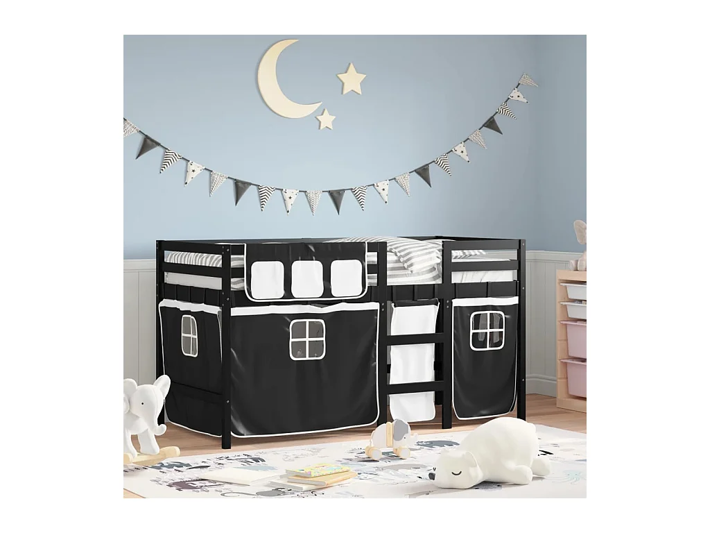 Letto a Soppalco Bambini con Tende Bianco e Nero 90x190 cm Pino