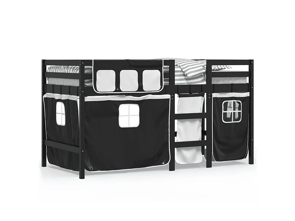 Letto a Soppalco Bambini con Tende Bianco e Nero 90x190 cm Pino