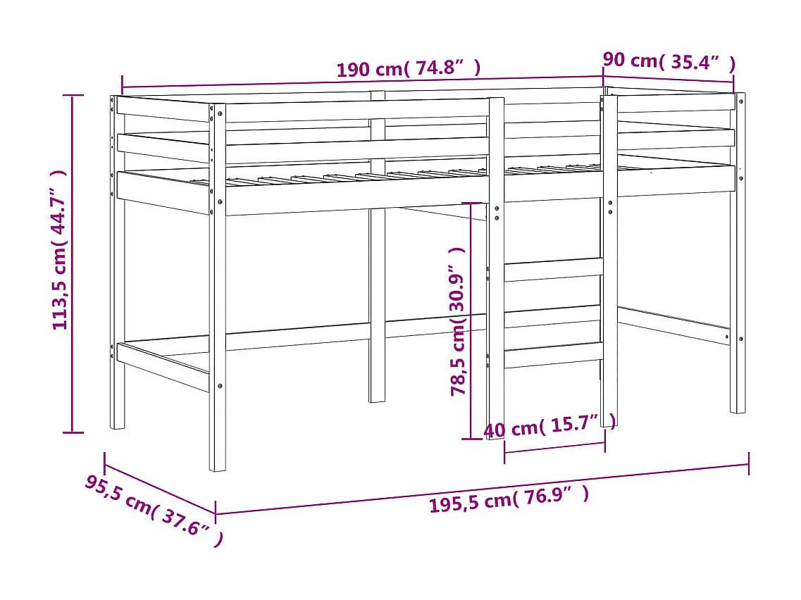 Letto a Soppalco Bambini con Tende Bianco e Nero 90x190 cm Pino