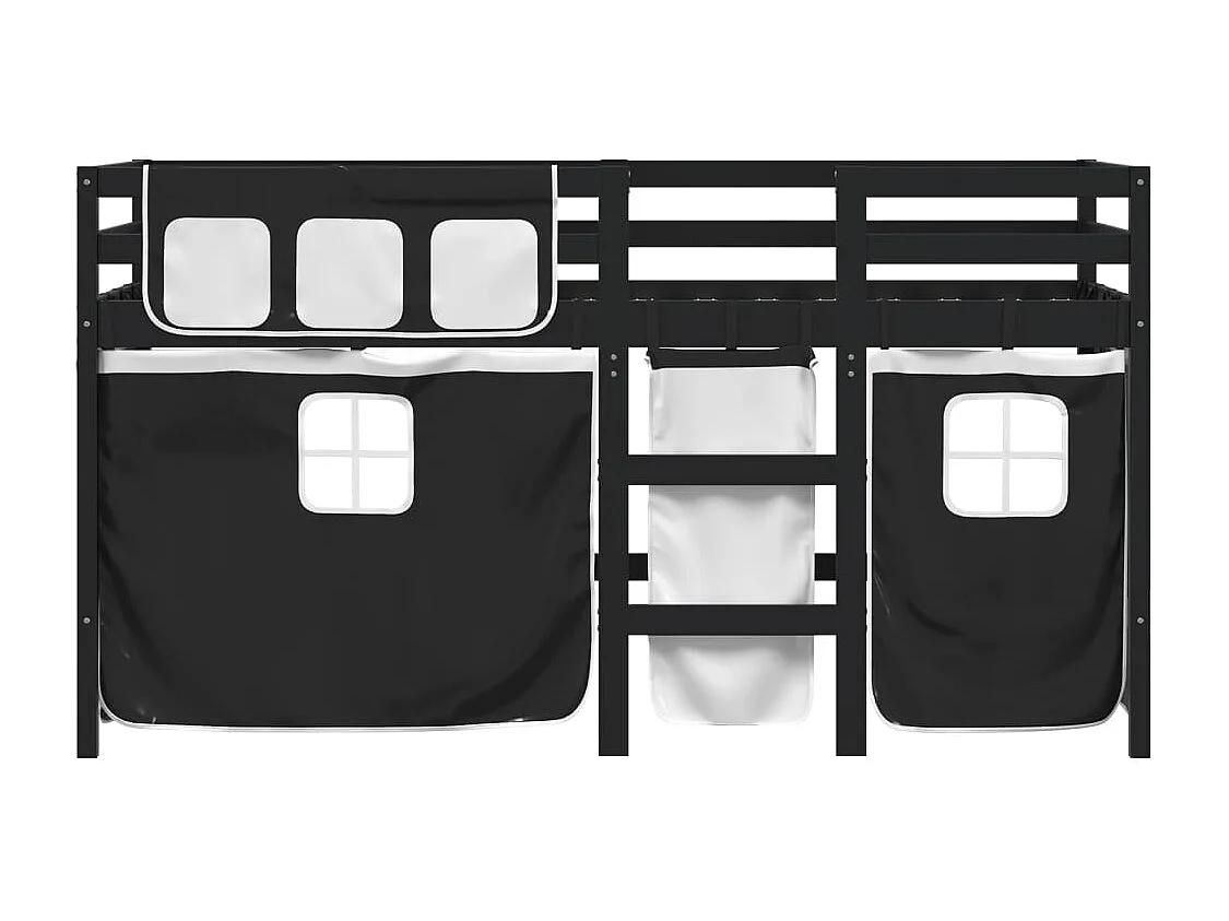 Letto a Soppalco Bambini con Tende Bianco e Nero 90x190 cm Pino