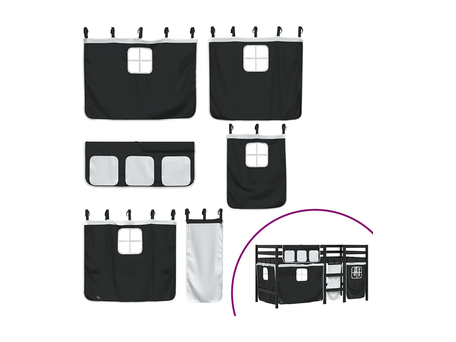 Letto a Soppalco Bambini con Tende Bianco e Nero 90x190 cm Pino