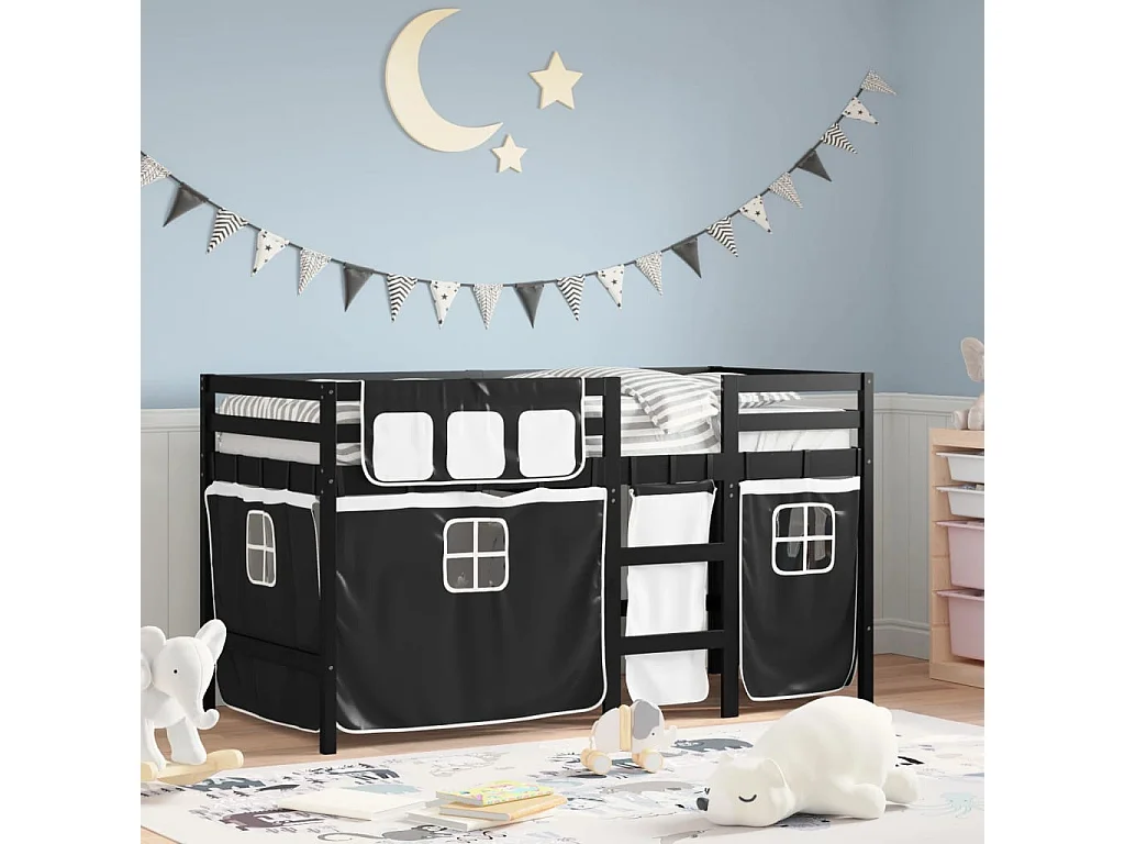 Cama alta criança c/ cortina 90x190cm pinho maciço branco/preto