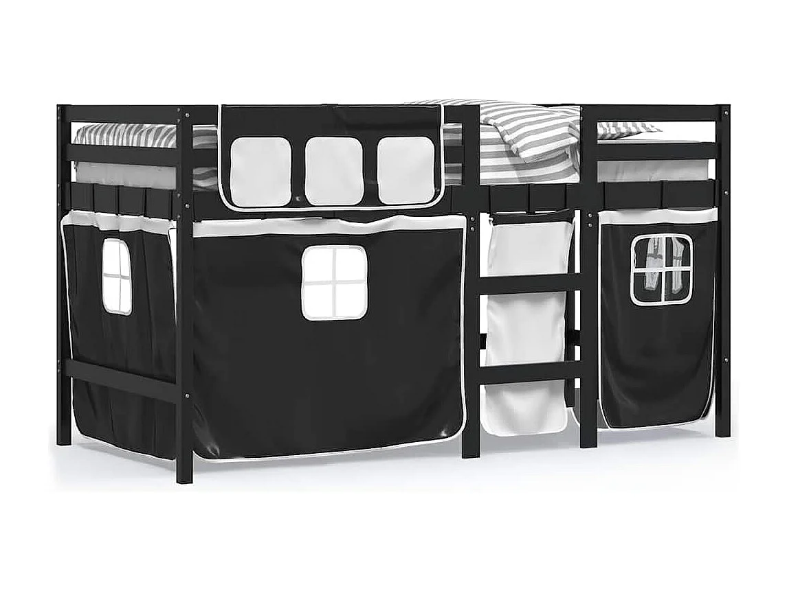 Cama alta criança c/ cortina 90x190cm pinho maciço branco/preto