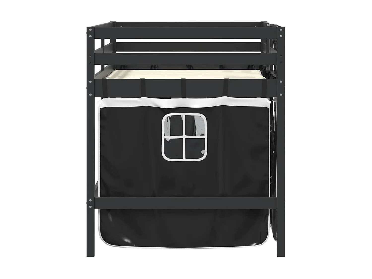Cama alta criança c/ cortina 90x190cm pinho maciço branco/preto