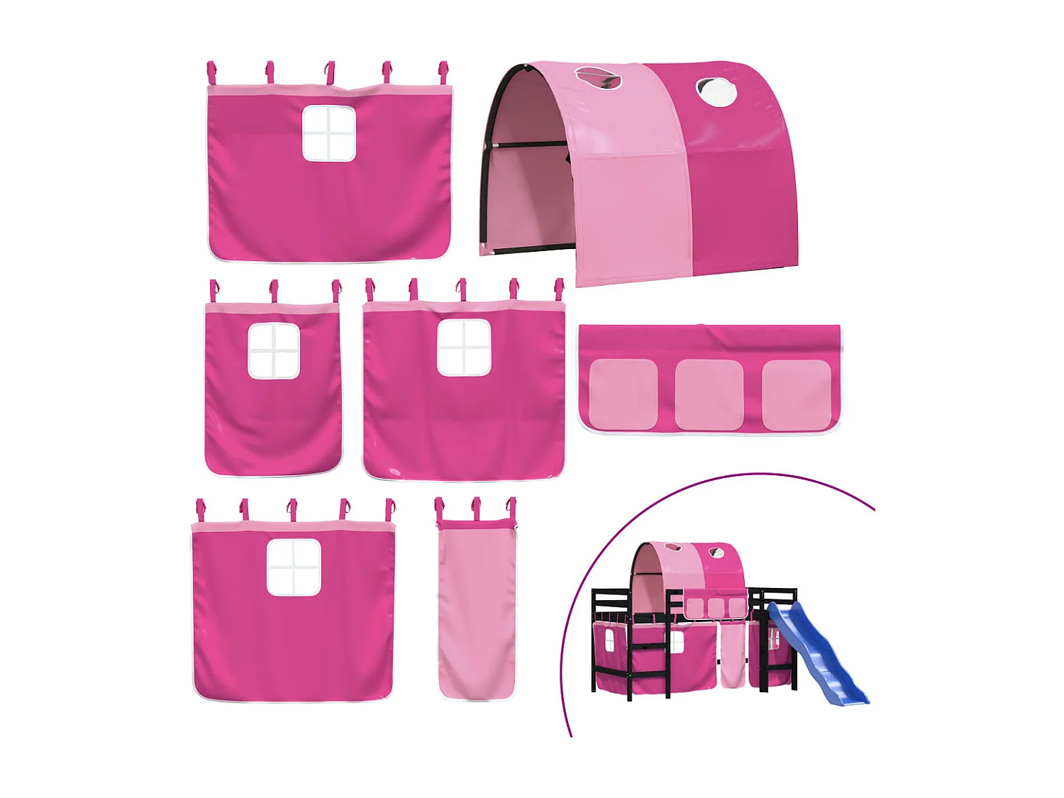 Lit mezzanine enfants avec tunnel rose 80x200 bois pin massif