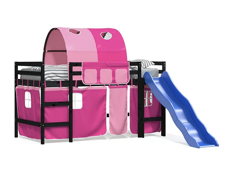 Lit mezzanine enfants avec tunnel rose 80x200 bois pin massif