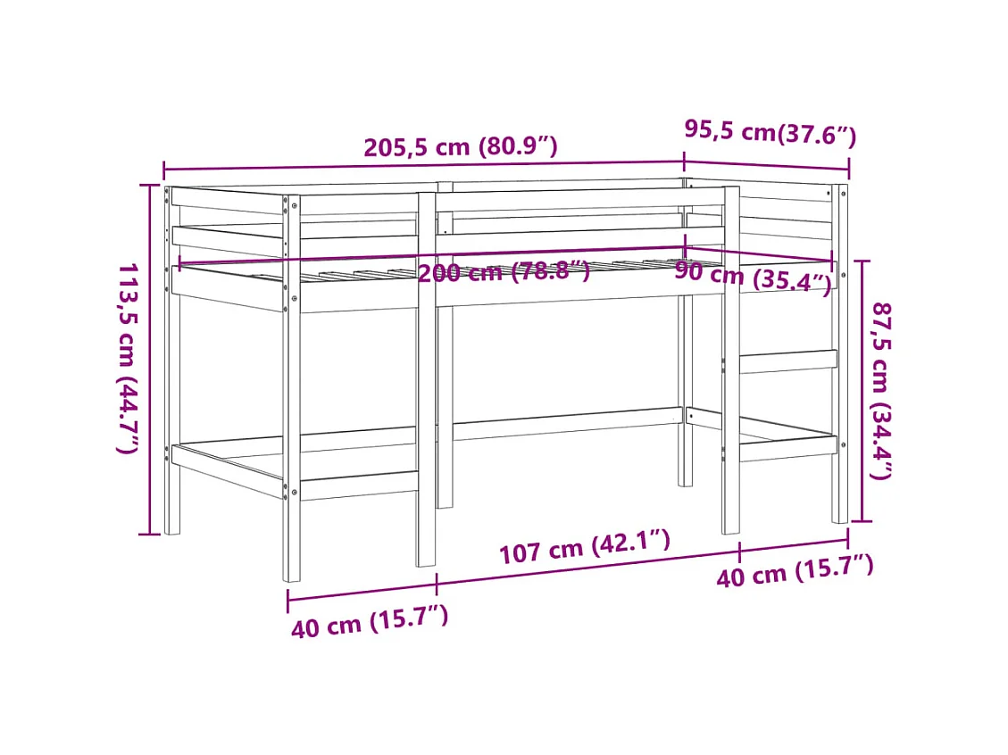 Kinderhochbett mit Leiter Wachsbraun 90x200cm Massivholz Kiefer