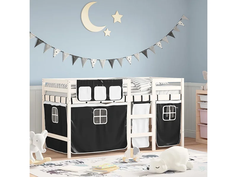 Letto a Soppalco Bambini con Tende Bianco e Nero 90x190 cm Pino