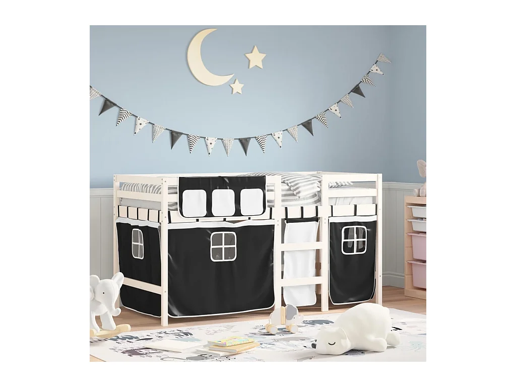Letto a Soppalco Bambini con Tende Bianco e Nero 90x190 cm Pino