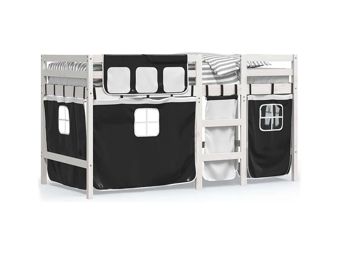 Letto a Soppalco Bambini con Tende Bianco e Nero 90x190 cm Pino