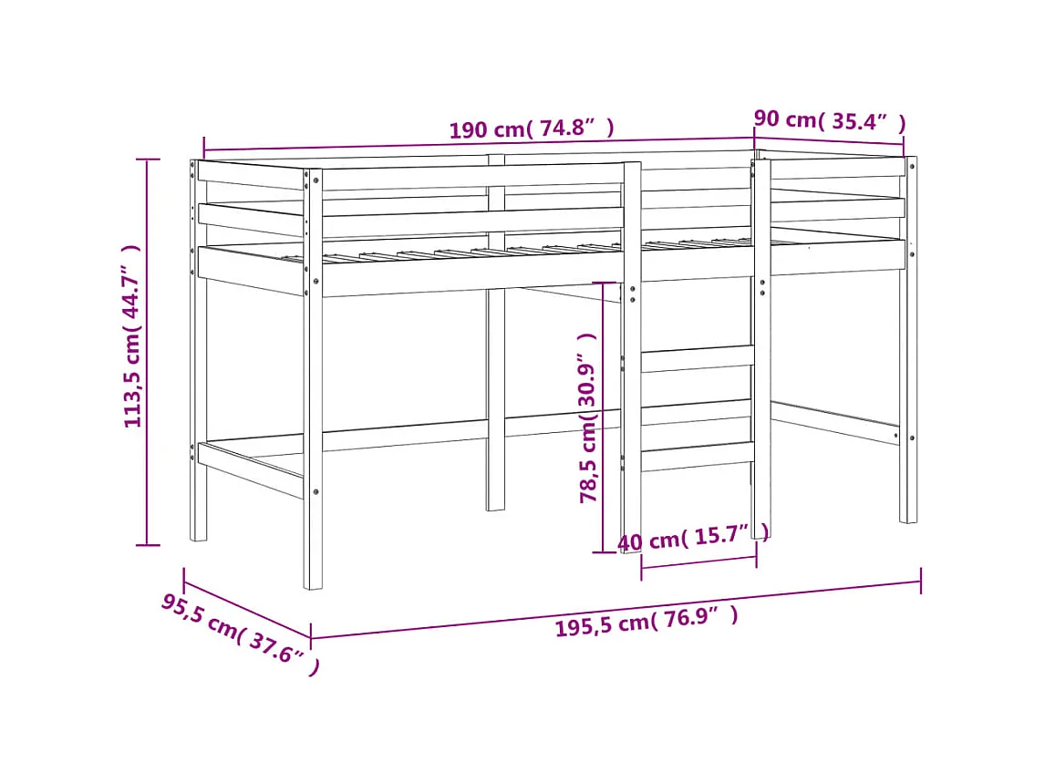 Letto a Soppalco Bambini con Tende Bianco e Nero 90x190 cm Pino