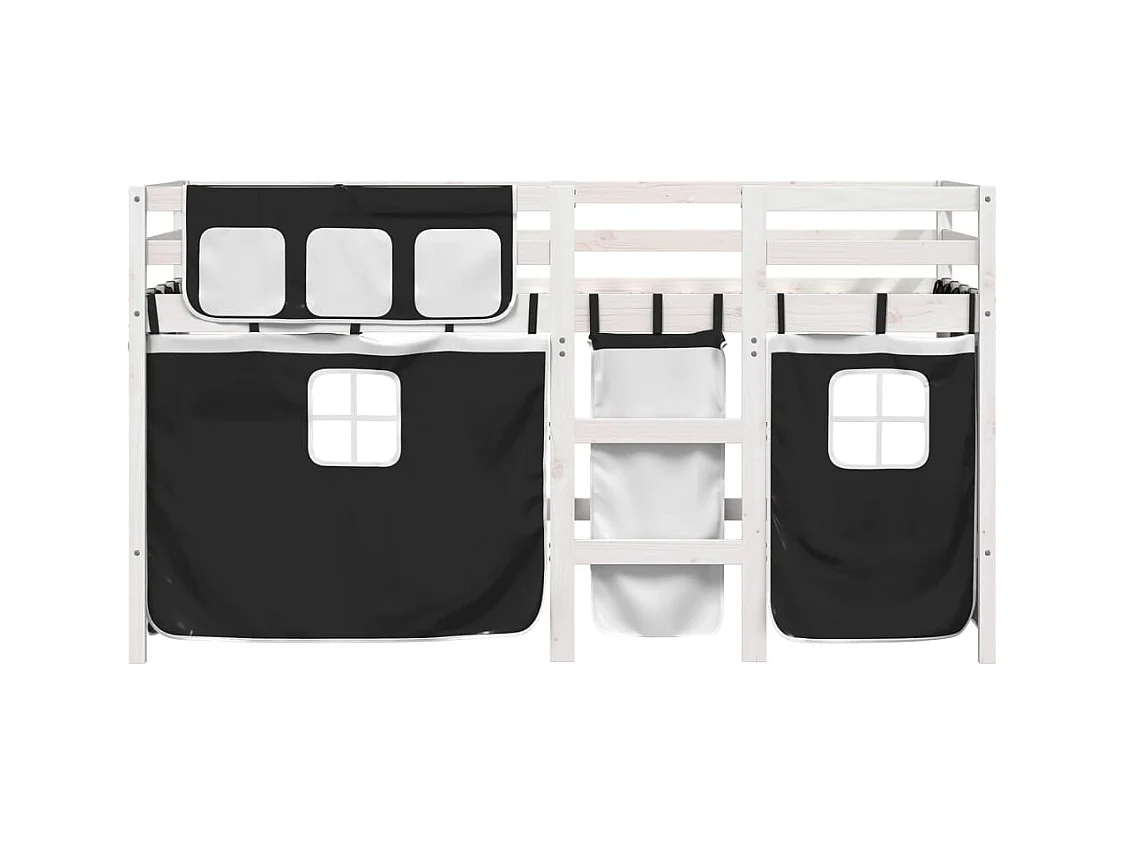 Letto a Soppalco Bambini con Tende Bianco e Nero 90x190 cm Pino