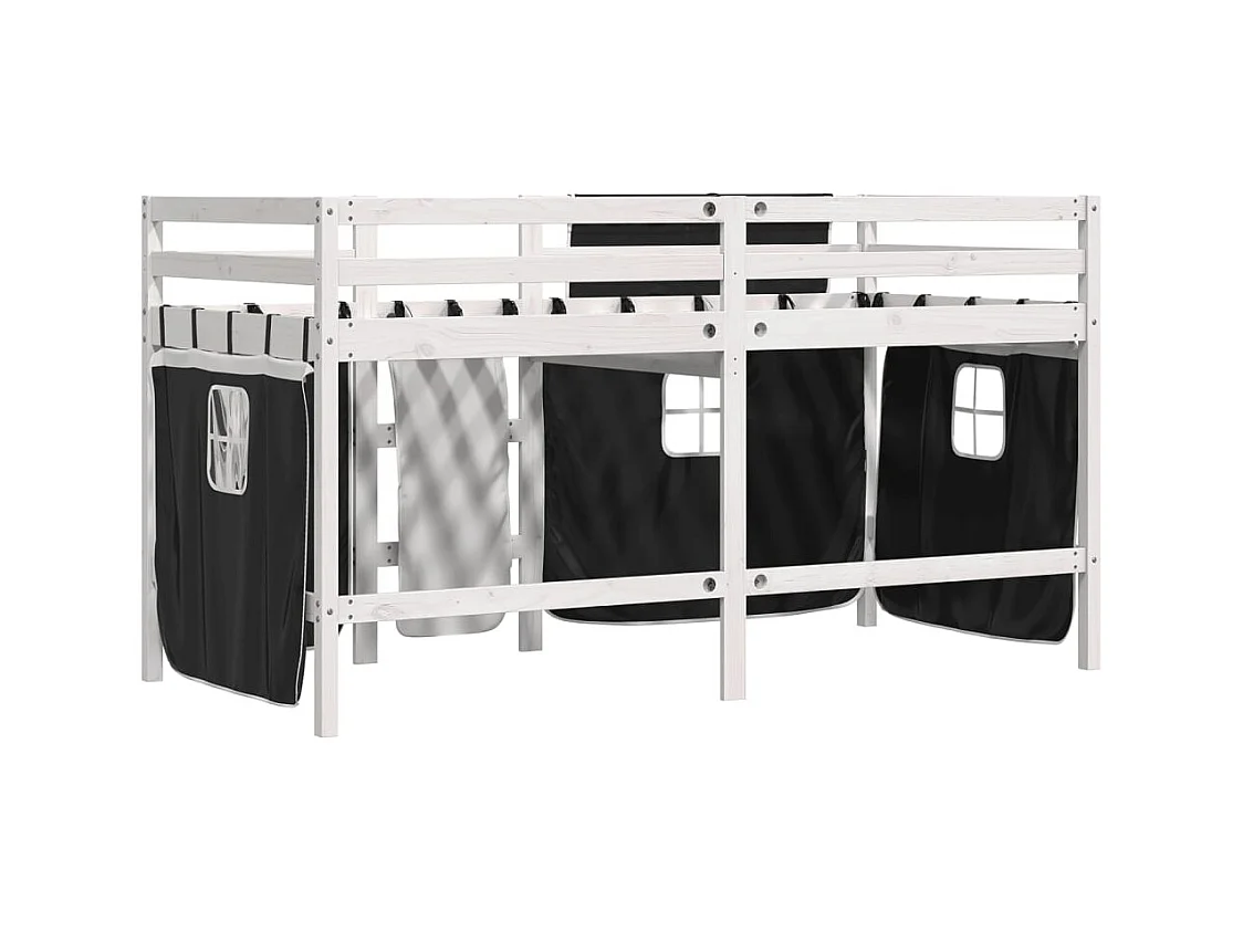 Letto a Soppalco Bambini con Tende Bianco e Nero 90x190 cm Pino