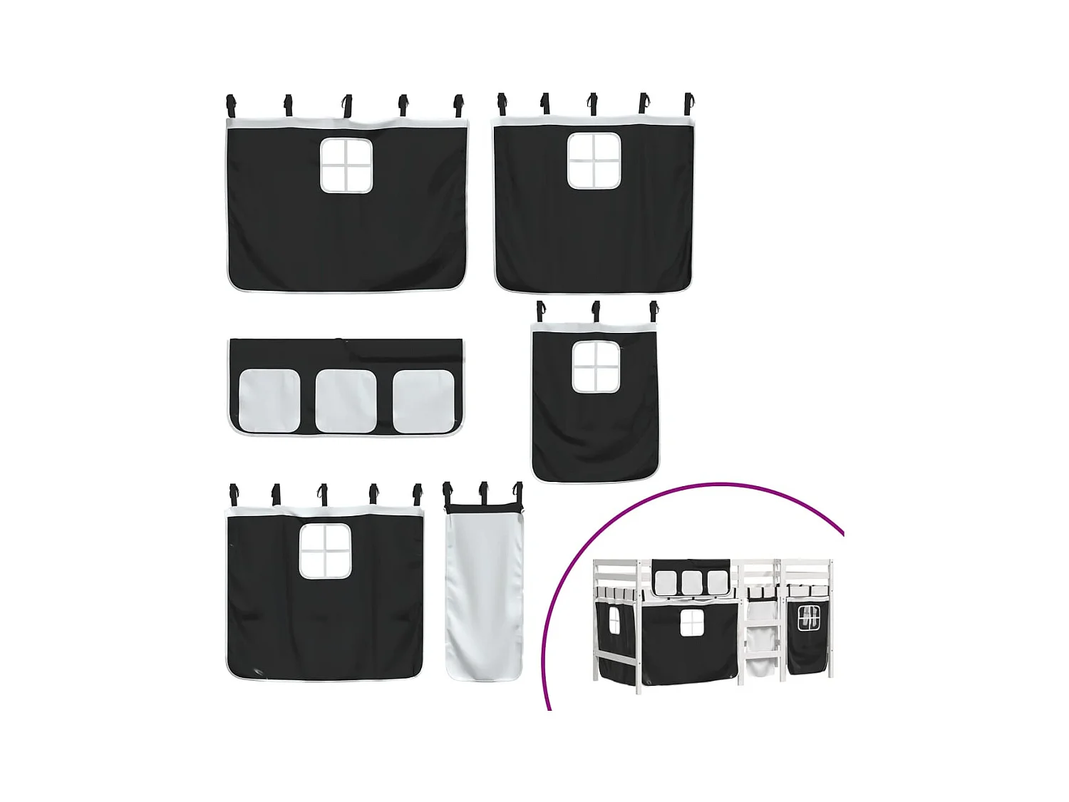 Letto a Soppalco Bambini con Tende Bianco e Nero 90x190 cm Pino