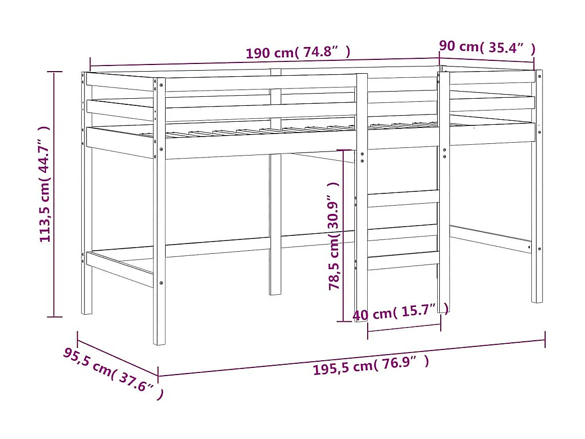 Lit mezzanine enfants avec rideaux sans matelas 90x190 cm
