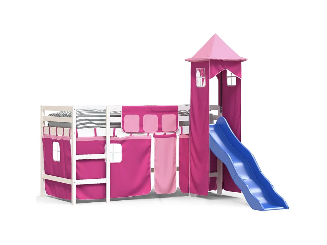 Lit mezzanine enfants avec tour rose 80x200 bois pin massif