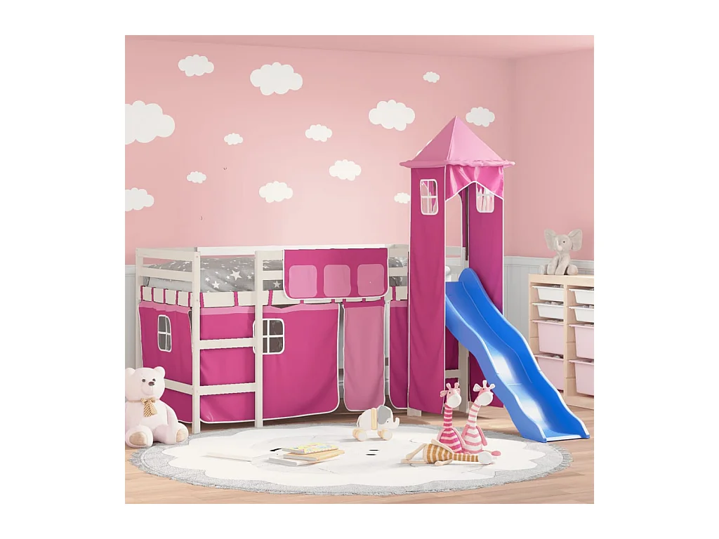 Lit mezzanine enfants avec tour rose 80x200 bois pin massif