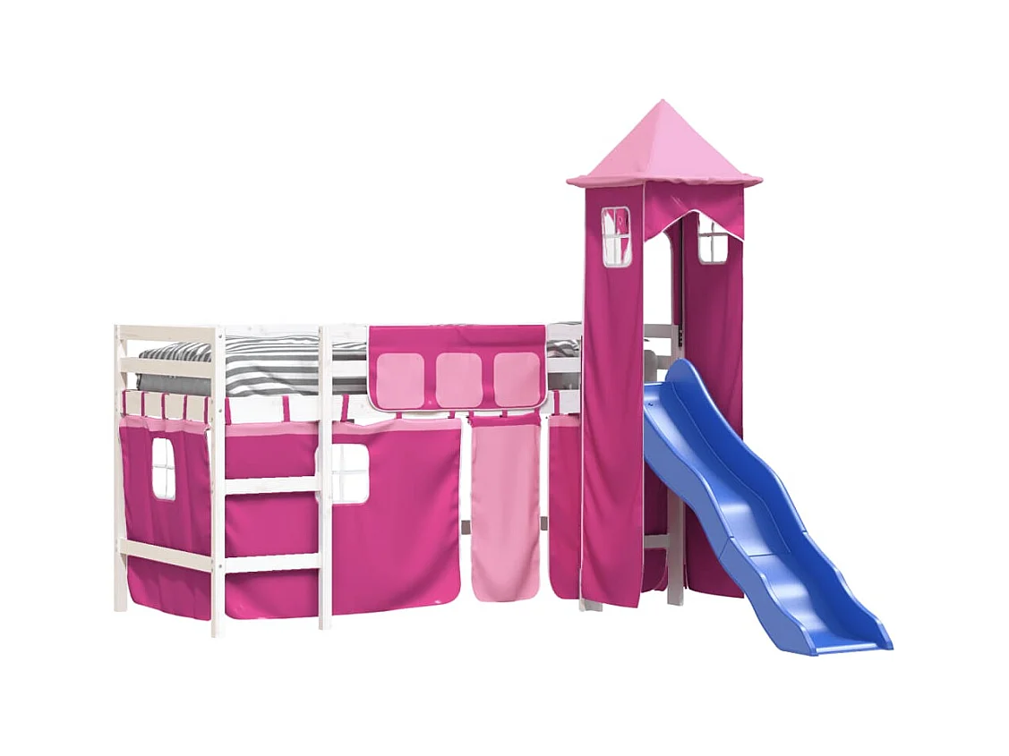 Lit mezzanine enfants avec tour rose 80x200 bois pin massif